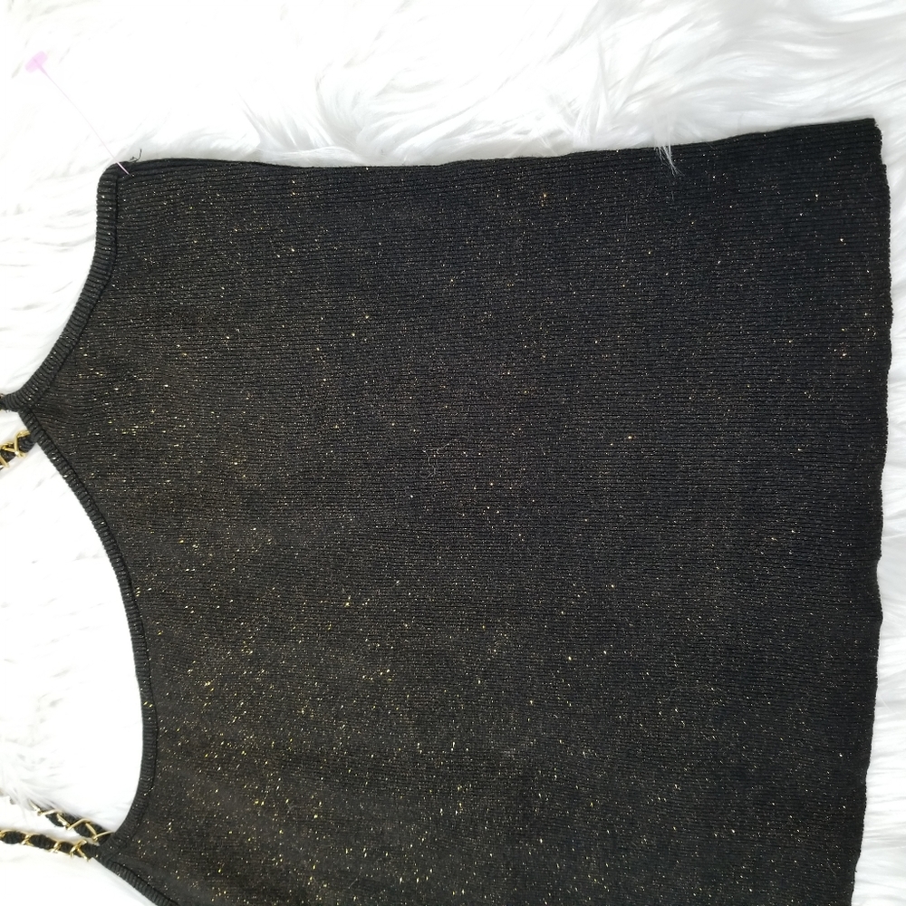 Black Cable & Gauge Top with Gold Glitter and Gold Chain Straps, SIZE L. - Picture 3 of 15